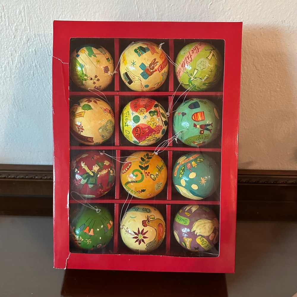 Crate and Barrel Twelve Days of Christmas Ornament Set 12 Piece Folk Art Style